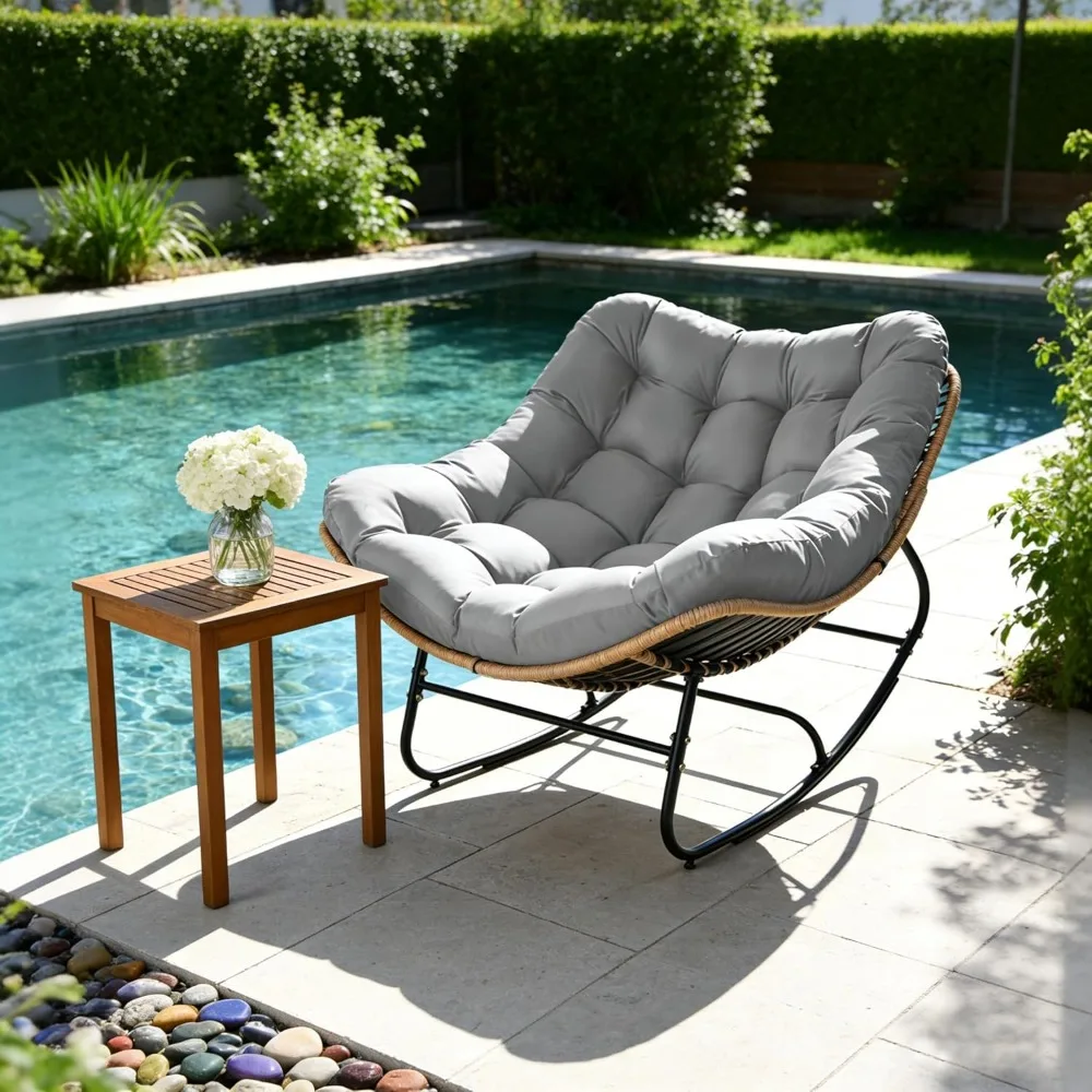 Oversized Wicker Rocking Chair 450LBS Heavy Duty Papasan Egg Cushion E-Coated Frame Rocker Patio Balcony Garden, Custom