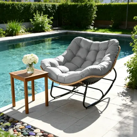 Oversized Wicker Rocking Chair 450LBS Heavy Duty Papasan Egg Cushion E-Coated Frame Rocker Patio Balcony Garden, Custom