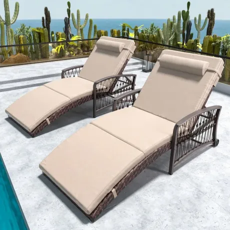5-Position Reclining Chaise Lounge Set Rattan Wicker Chairs Wheels Cushions Patio Pool, Custom